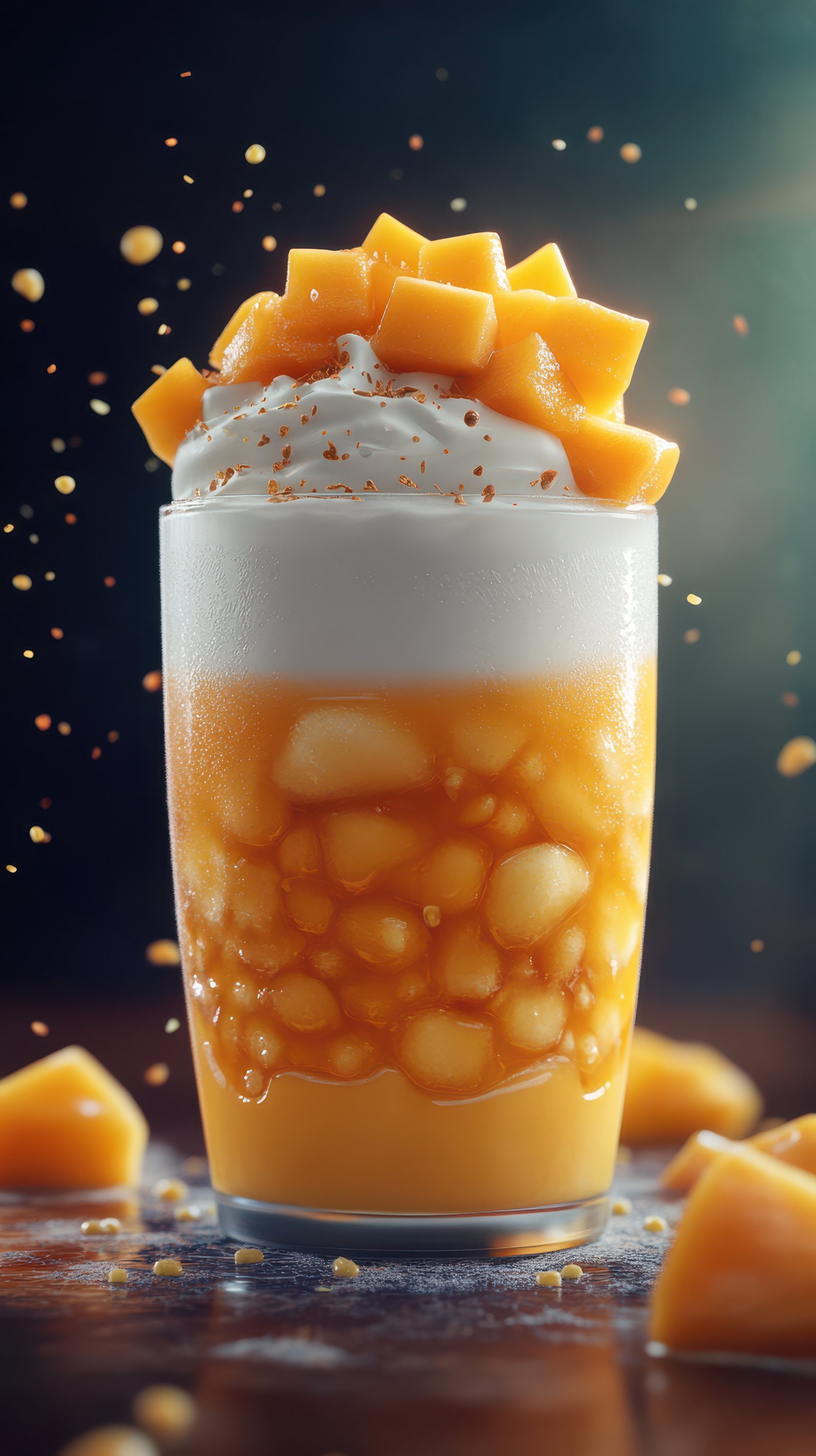 Refreshing mango dessert drink topped with whipped cream and diced mango in a vibrant setting